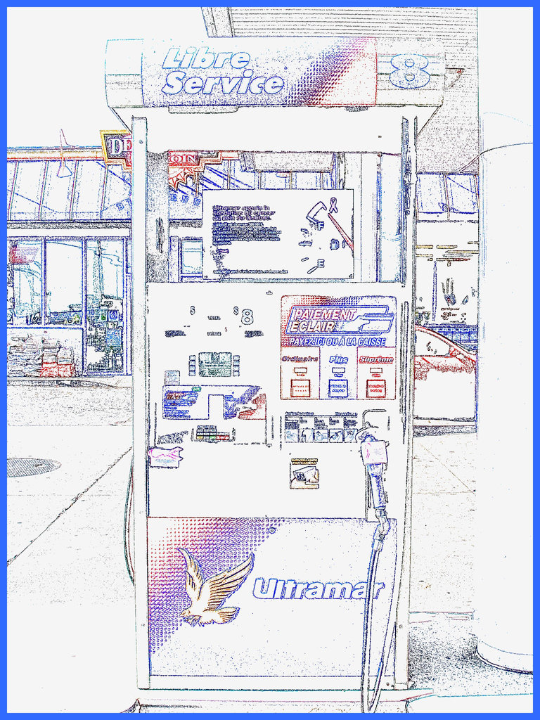 Ultramar.  Photofiltre en dessin.  Ultramar -  Chaîne de stations-service au Québec /  Famous gas stations in Quebec, CANADA. Dans ma ville / Hometown.