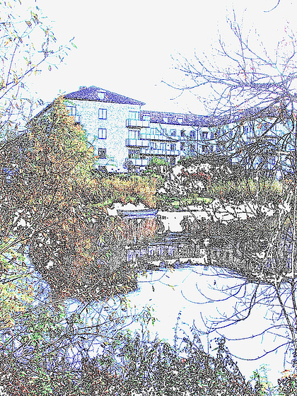 -  Canards et chaloupe sur la rivière  / Ducks & rowboat by the river  -  Ängelholm / Suède - Sweden.   23 octobre 2008 - Contours de couleurs - Colorful outlines