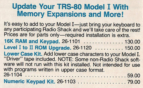 1983 Radio Shack Catalog - 16K RAM Upgrade $130