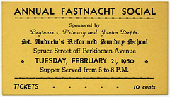 Annual Fastnacht Social, St. Andrew's Reformed Sunday School, Reading, Pa., Feb. 21, 1950