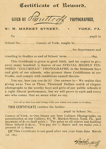 Certificate of Reward, Given by Buttorff, Photographer, York, Pa., 1893