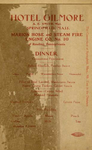 Marion Hose and Steam Fire Engine Co. No. 10, Menu, Reading, Pa., 1909